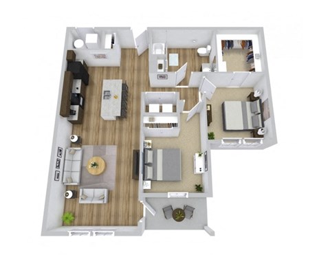 A top-down view of a house layout with a living room, kitchen, dining area, and bedrooms.